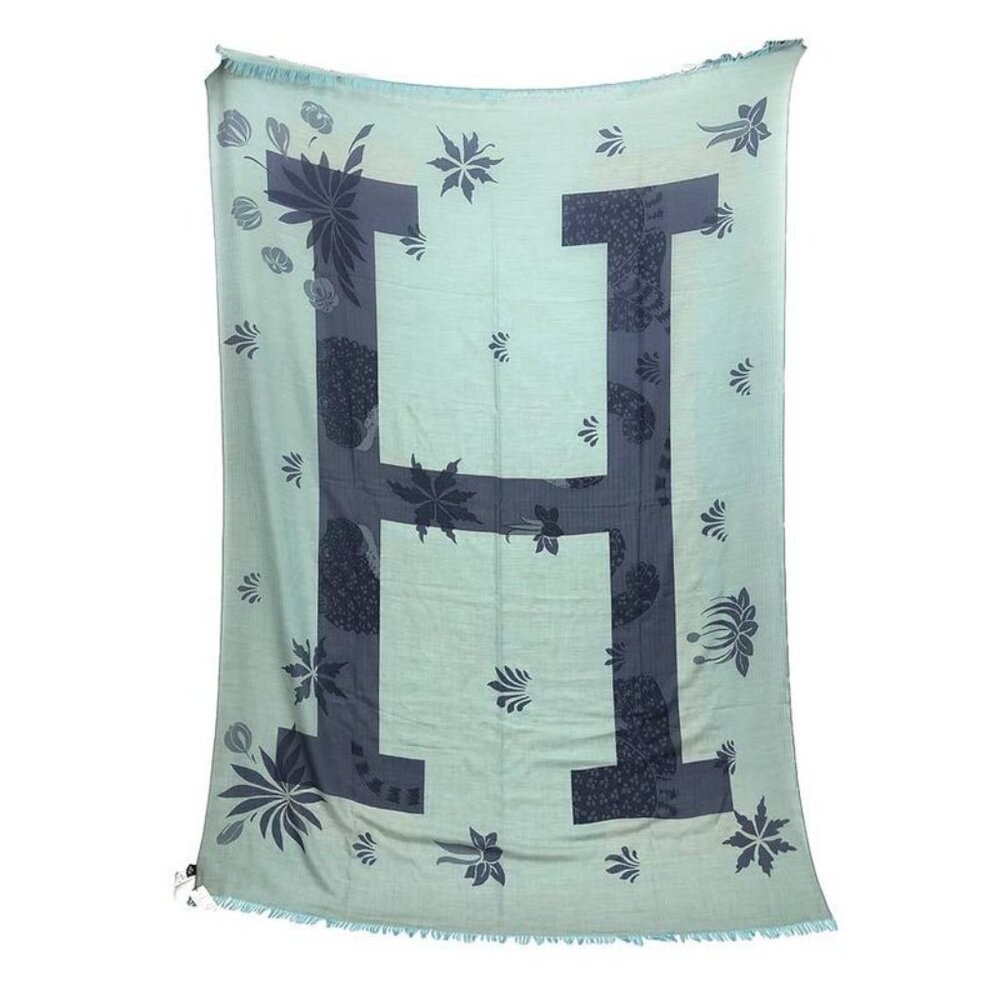 Hermes Plaid Super Large Shawl Blanket Cashmere Wool Green H Pattern